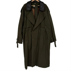Vtg 90's fil à fil Green Trench Coat double-breasted Leather Collar Men Sz 42